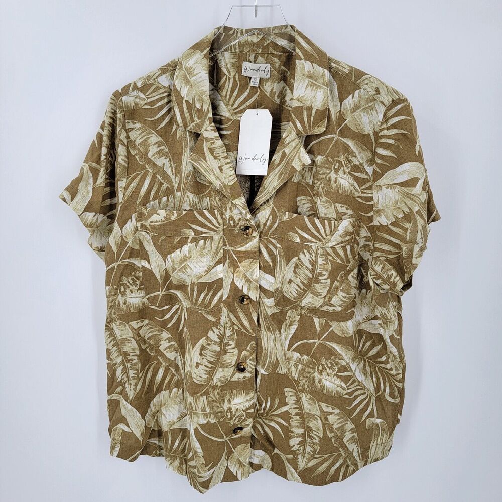 Wonderly Shirt Women's Size XL Linen Blend Button Up Palm Tropical Print NEW